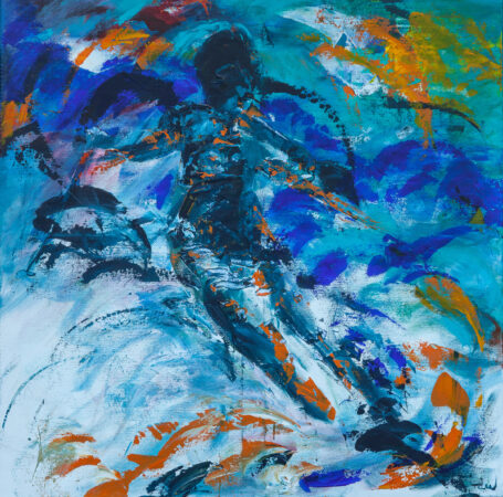 Malerier af skiløb og sport med masser af farver og dynamik - her en skiløber på vej ned ad pisten