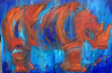 I den blå time ser du mig Farverigt og abstrakt maleri med næsehorn i blå og gyldne farver