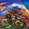 Farverigt maleri med cykelrytter, der cykler i høj fart og skyerne flyver forbi