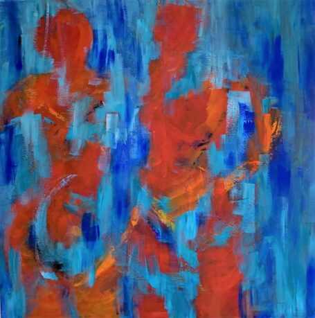 De smukke unge mennesker Maleri med blå baggrund og to figurer i varme røde og orange farver, der står overfor hinanden
