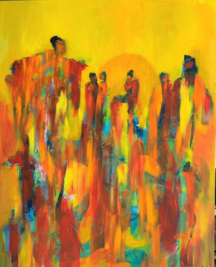 In the sun Abstrakt maleri, hvor man fornemmer mennesker, der klatrer op mod lyset.