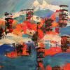 Drømmelandskab Stilrent og moderne maleri, hvor man ser huse og bjerge - og muligvis smukt rødt efterårsløv. Min tanker går på et landksab i Japan