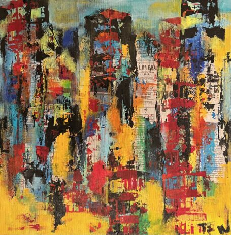 Time for New York Akryl, collage og mixed medier giver farver og energi til dette abstrakte maleri af en storby - et newyorkermaleri