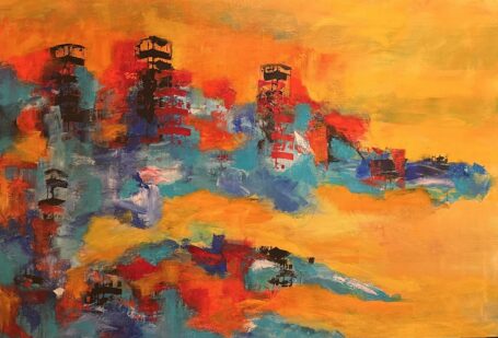 Abstrakt maleir i klare farver, hvor man fornemmer en bugt med varme nuancer - og hvor det gule hav går i et med den gyldne himmel