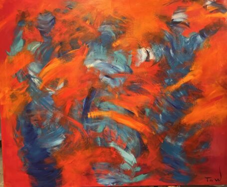 I like to dance Flot stort dynamisk og glad maleri, hvor man fornemmer dansende figurer i de blå spontane streger på den røde varme baggrund. Der er meget power og energi i dette dansemaleri.