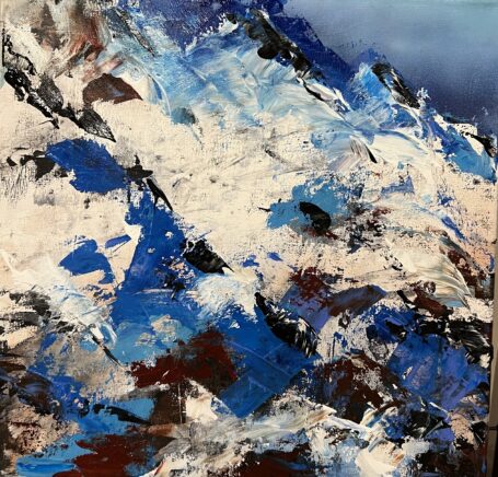 Når isen smelter Smukt landskabs maleri med farver og stemning, hvor man ser bjerge inspireret af Færøerne