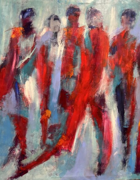 My way Stort farverigt maleri i dejlige klare farver rød, blåt og lilla, som i flader danner personer, der er på vej
