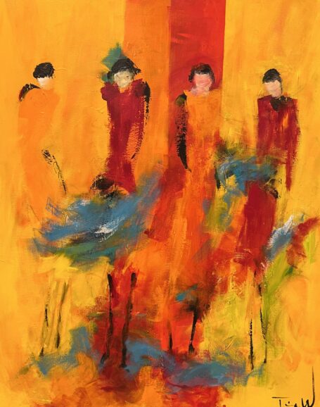 We Stand Together Aflangt farverigt maleri med dynamiske strøg, der illustrerer 4 abstrakte figurer
