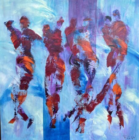 abstrakt maleri med 4 dansende par. Malet med dynamiske strøg og klare farver