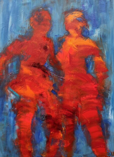 You Can´t Stand Alone Abstrakt og farverigt maleri, hvor man samtidig ser to figurer i varme føde farver