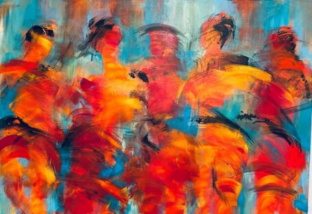 Flot farvwrigt maleri i blå, gul og rød med masser af bevægelse. Du ser 5 dansende abstrakte figurer i dette spændende maleri