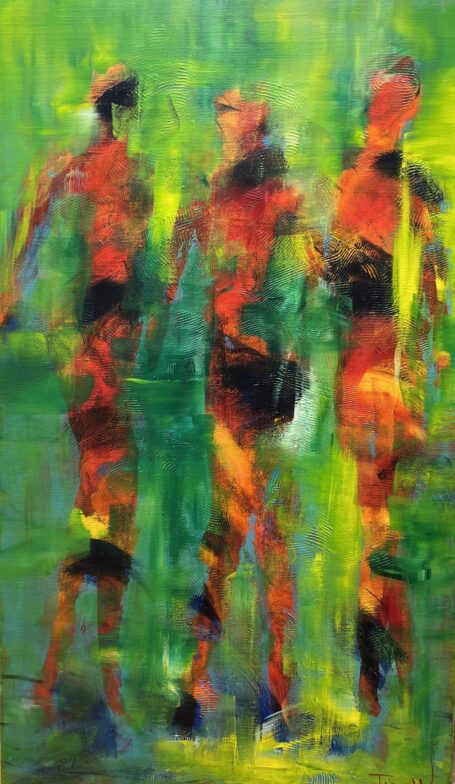 Moving into the green Flot aflangt maleri i grønne og røde nuancer - abstrakt - og alligevel ser du 3 personer måske i skoven