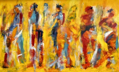While I am standing there Aflangt farverigt maleri med masser af energi og dynamik med mennesker i bevægelse i smukke varme røde nuancer