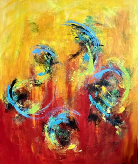 I lyset vi ser Abstrakt maleri i røde og gule farver, hvor der er abstrakte figurer fx guldsmede, fugle eller fusk, der er i bevægelse