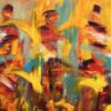 Happy Stort abstrakt maleri med masser af energi og bevægelse. Maleriet har gult, grønt, blåt og rødt - og i det smukke farvespil ser man tre kvinder