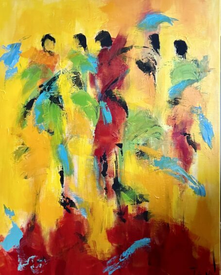 Skønne farver kendetegner dette maleri, som er et abstrakt maleri med kvinder i bevægelse