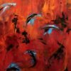 Danser i aftenlyset Abstrakt maleri i rød og orange farveharmoni med spændende mønstre i sort, blåt og hvidt