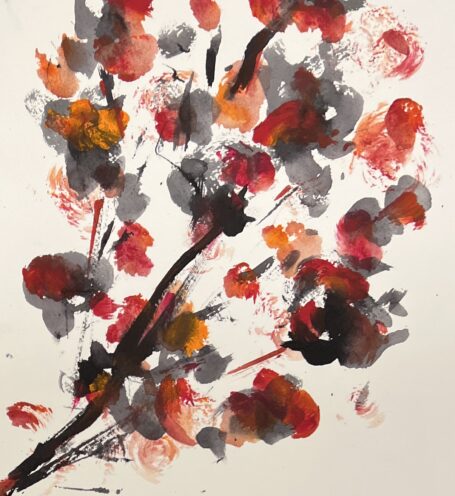 Indrammet maleri med tusch og akryl af blomstrende grene - grafisk og stilfuldt