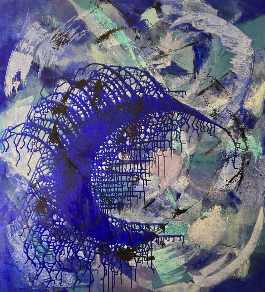 Om at finde vej Stort blåt abstrakt maleri i dejlige blå farver med masser af bevægelse og såvel stringente som organiske former