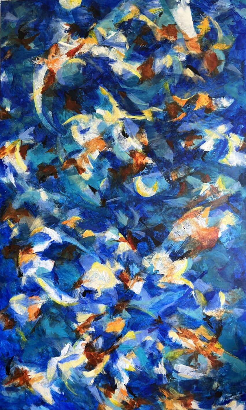 Englenes dans Stort abstrakt maleri med mange blå nuancer og dybde. Der er masser af mulighed for at gå på opdagelse i maleriet.