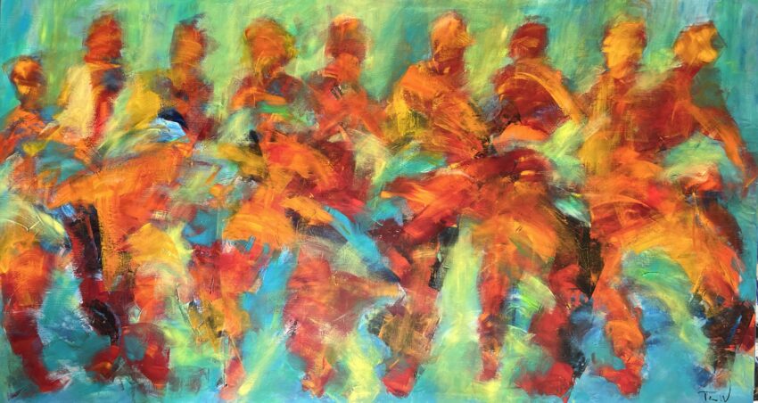 Dans i sommernatten Stort abstrakt maleri i farver. Aflangt farverigt maleri med masser af energi og dynamik med mennesker i bevægelse i smukke varme røde nuancer