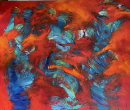 I like to dance Flot stort dynamisk og glad maleri, hvor man fornemmer dansende figurer i de blå spontane streger på den røde varme baggrund. Der er meget power og energi i dette dansemaleri.