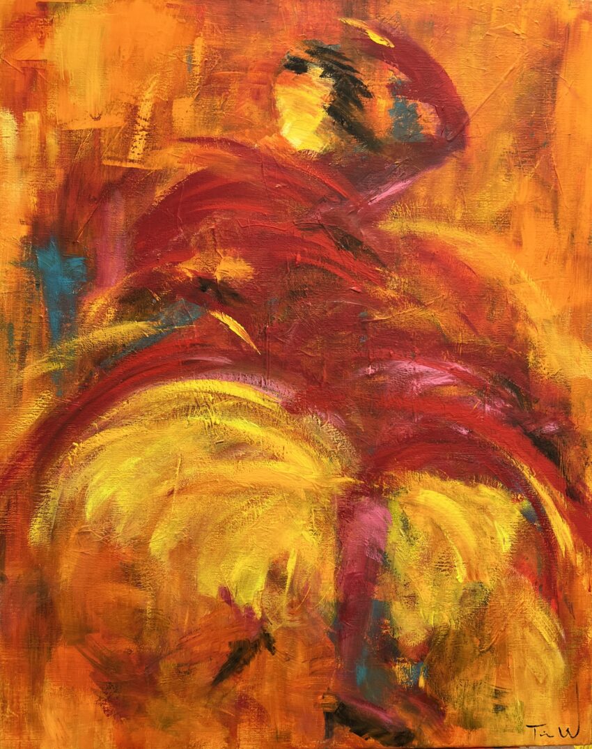 Musik i blodet Abstrakt maleri i stærke frver og med energi og glæde, hvor du mellem strøgene ser en dansende kvinde