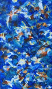Englenes dans Stort abstrakt maleri med mange blå nuancer og dybde. Der er masser af mulighed for at gå på opdagelse i maleriet.