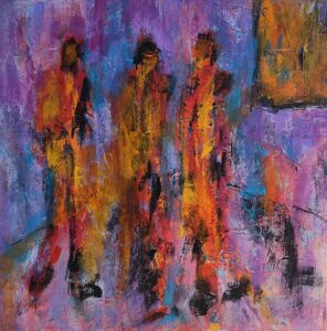 Spændende farvekombinationer og en kombination af ro og dynamiske farver giver liv til dette maleri med 3 personer i rummet.