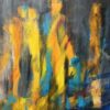 Natlys Abstrakt maleri hvor man ser mennesker, der står ved kajen og ser på vandet, mens lyset skinner