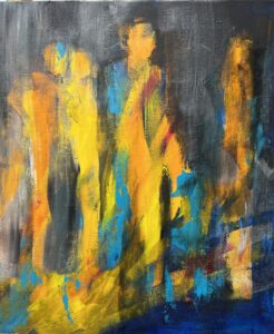 Natlys Abstrakt maleri hvor man ser mennesker, der står ved kajen og ser på vandet, mens lyset skinner