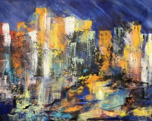 Når lyset spejler sig Abstrakt maleri af storby og vand, hvor man selv fornemmer landskabet og dets spejlinger